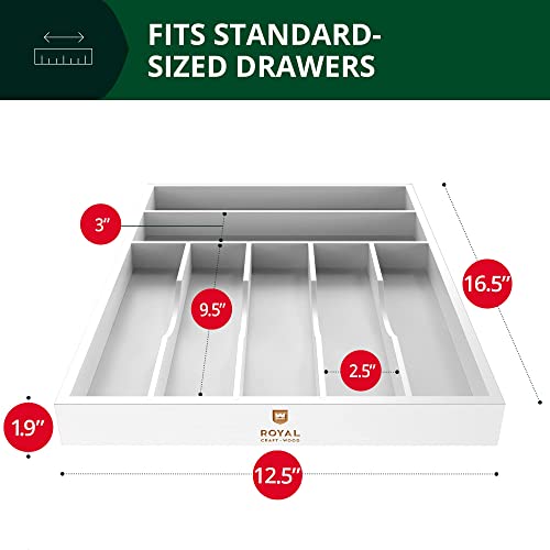 ROYAL CRAFT WOOD Luxury Bamboo Kitchen Drawer Organizer - Silverware Organizer - Utensil Holder and Cutlery Tray with Grooved Drawer Dividers for Flatware and Kitchen Utensils (7 Slot, White)