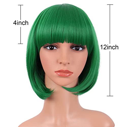 MapofBeauty 12" Green Short Bob Wig with Flat Bangs