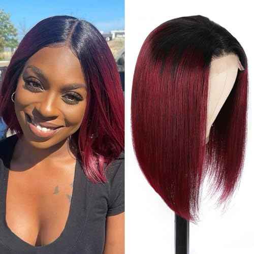 D?BUT Short Bob Wigs 1B Burgundy Lace Front Wigs Human Hair Middle Part Wigs Brazilian Virgin Straight Hair 13x4x1 T Part Wigs for Black Women 1B/99J 8 Inches