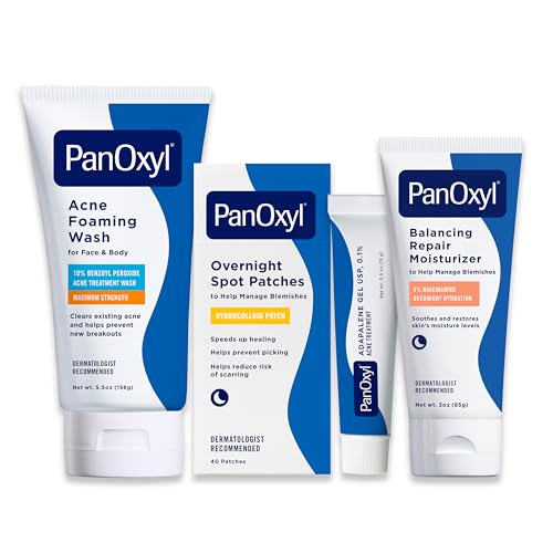 PanOxyl Complete Acne Clearing Routine Bundle - Acne Foaming Wash Benzoyl Peroxide 10%, PM Balancing Repair Moisturizer, PM Overnight Spot Patches & Adapalene 0.1% Leave-On Gel