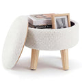 DUMOS Round Storage Ottoman with Reversible Tray, Teddy Velvet, Beige
