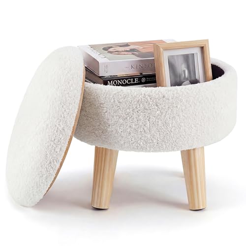 DUMOS Round Storage Ottoman with Reversible Tray, Teddy Velvet, Beige