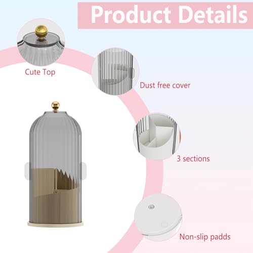 Makeup Brush Holder Organizer with Lid 360 Rotating Clear Dustproof 3 Compartment Design Makeup Brushes Organizer for dressing table and Bathroom Countertop (Gray)