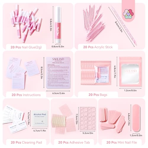 SAVILAND 20PCS Press On Nail Kit with Glue, Files & Tabs