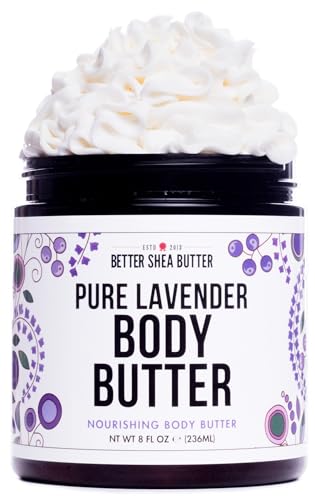 Lavender Body Butter with Shea Butter, Jojoba Oil & Lavender Essential Oil - Natural Lotion for Women, Non-Greasy Moisturizer for Dry Skin, Whipped Body Cream with Lavender Oil for Skin