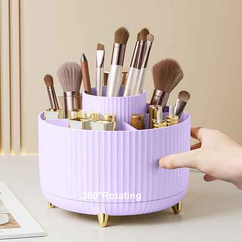 360 Degree Rotating Makeup Brush Holder Organizer Detachable Design 5 Slot Make up Brushes Cup for Cosmetics and Pencil Pen Organizer for Desk Makeup Organizer Skincare Storage for Vanity£¨Purple£©