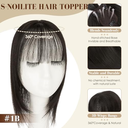 S-noilite 12-Inch Human Hair Topper with Bangs - Jet Black