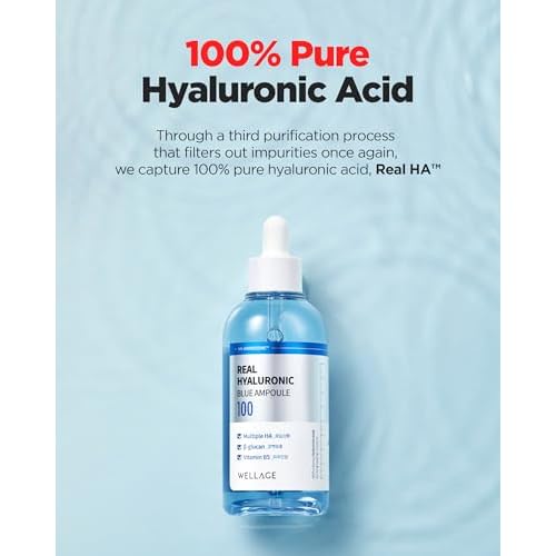 WELLAGE Real Hyaluronic Blue Ampoule 100, Korean Skincare, Fragrance Free Hyaluronic Acid Serum with Panthenol, Wild yam, Centella for Sensitive Dry Skin Moisturizer 1.01 fl.oz