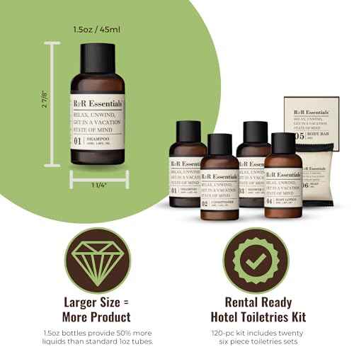 R&R Essentials Hotel Soaps and Toiletries Bundle, Vacation Home Amenities Kit - 1.5oz Shampoo, Conditioner, Shower Gel, Lotion And 2 Bar Soaps - Travel Size (120 pc)