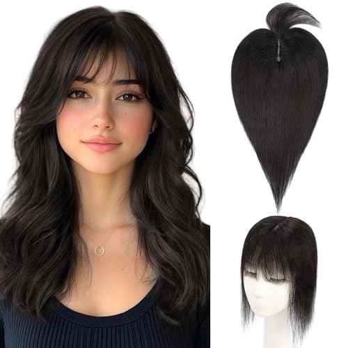 Hairro Human Hair Topper with Wispy Bangs, Clips on 360¡Æ 3D Cover Real Hairpieces Lightweight, 2.25"x6" Base for Women with High Hairline/Thinning Hair, 14 Inch Natural Black Bangs