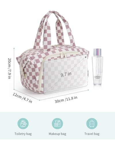 Narwey Large Travel Toiletry Bag for Women Dusty Pink Checkerboard