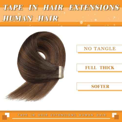 YDDM Tape in Hair Extensions Human Hair, Balayage Dark Brown to Chestnut Brown 20pcs 18 Inch 100% Remy Human Hair for Women Straight Seamless Invisible Tape in Hair Extensions(2/2/6#, 18 inch)