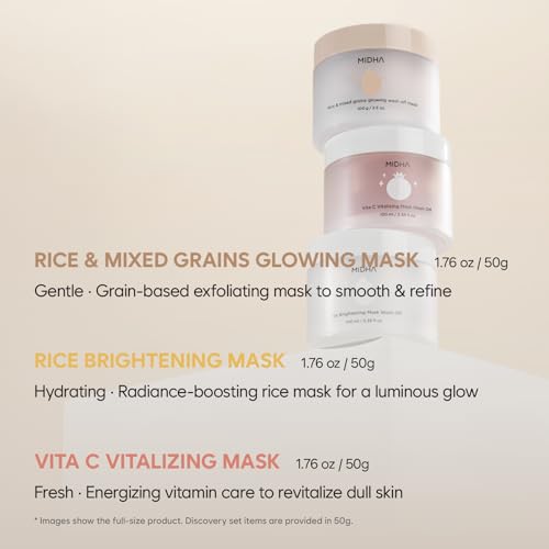 MIDHA RICE WASHOFF MASK DISCOVERY SET, 1.76oz x 3/50g, Dull Skin Care, Hydrating and Soothing, Pore Refining Treatment, Vitamin C face mask, Skincare for Travel, Mini Skincare Kit, 3-in-1 Set
