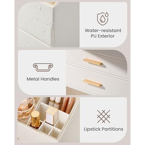Lolalet Makeup Organizer for Vanity Desk, 3-Layer PU Leather Luxury Make Up Storage Cosmetics Holder Box with Drawers -Cream