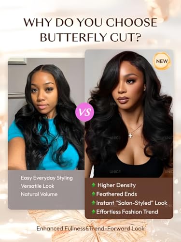 UNICE 16 Inch Black Butterfly Cut Body Wave Lace Front Wig with Face Framing Layers and Drawstring, 180% Density