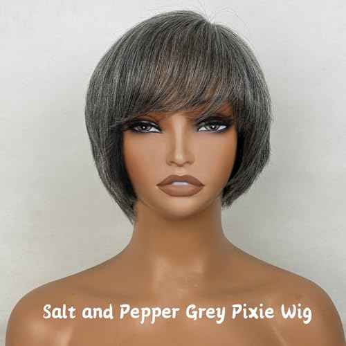 Salt and Pepper Pixie Cut Wigs Human Hair Short White Grey Pixie Cut Wigs Glueless Pixie Layered Lace Front Wig With Bangs Gray Straight Pixie Human Wear and Go Glueless Wig For Women