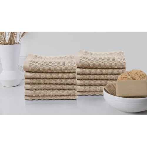 COTTON CRAFT Euro Spa Waffle Wash Cloth - Set of 12 Luxury Pure Ringspun Cotton Waffle Weave Bathroom Face Towel - Everyday Absorbent Hotel Gym Shower Beach Kitchen Travel Dorm - 12x12 inches - Linen