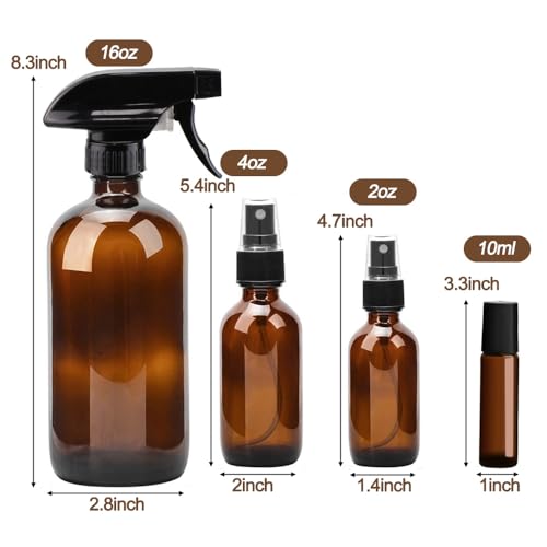 Loretoy Amber Glass Spray Bottle Kit 10 pcs - UV Protect, Reusable, Multi-Size