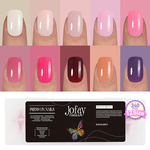 240Pcs Press on Nails Short Kit, Jofay Fashion 10 Solid Color Valentines Fake Nails with Glue, Natural Glossy Artificial Acrylic False Nails, Stick on Nails for Women, Soft Gel Glue on Nails Kit