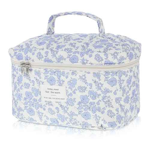 Large Makeup Bag, Cute Quilted Makeup Bag for Women, Travel Cotton Make Up Organizer Bag, Floral Coquette Aesthetic Toiletry Bag, Gift For Daughter, Preppy Things For Girls