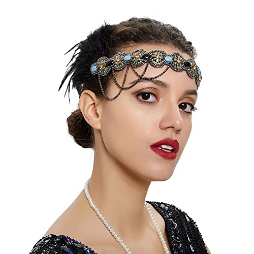 Bubbmi 1920s Flapper Girls Headband Black Feather Headpiece, Great Gatsby Hairband with Rhinestone, Costume Accessories for Women Showgirl Parties (HD6017black)