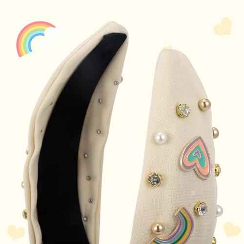 Boho Rainbow Daisy Headband - Pearl Knotted Twist Headpiece for Women & Girls, Beige, Sparkly Crystal Rhinestone