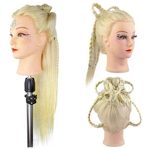 Blonde Mannequin Head with 80% Real Human Hair,28-30inches Long Hair Hairdresser Practice Training Head ,Manikin Cosmetology Makeup Manican Doll Head for Display Braiding Styling Curling