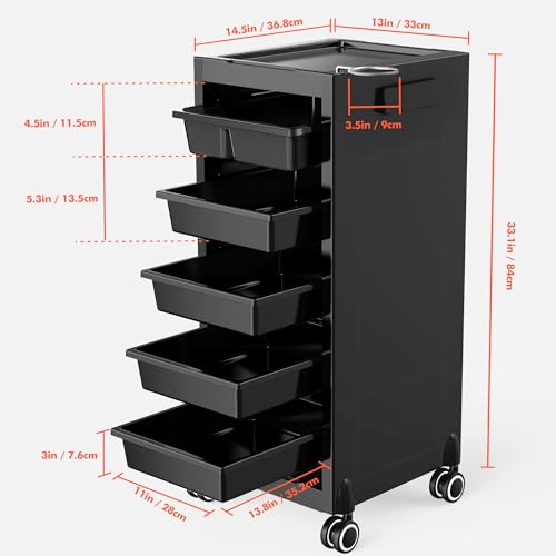 Salon Rolling Cart with 5 Drawers & Dryer Holder