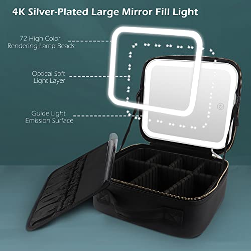 MOMIRA Travel Makeup Bag Cosmetic Bag Makeup Organizer Bag with Lighted Mirror, Adjustable Brightness in 3 Color Scenarios, Waterproof Makeup Train Case, Gift for Women - Black