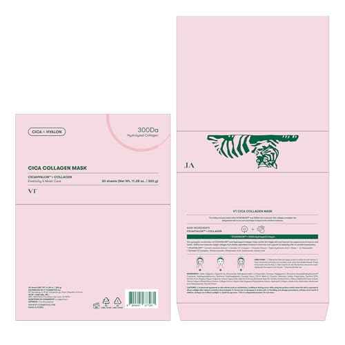VT COSMETICS CICA Collagen Daily Mask 30 Sheets, 300Da Low Molecular Collagen for Skin Elasticity, Hydrating & Firming, Pink Collagen Essence, Korean Face Mask