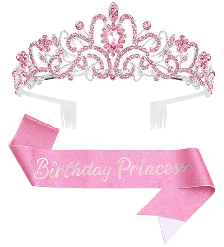 Pink Birthday Tiara and Crown with Sash for Women