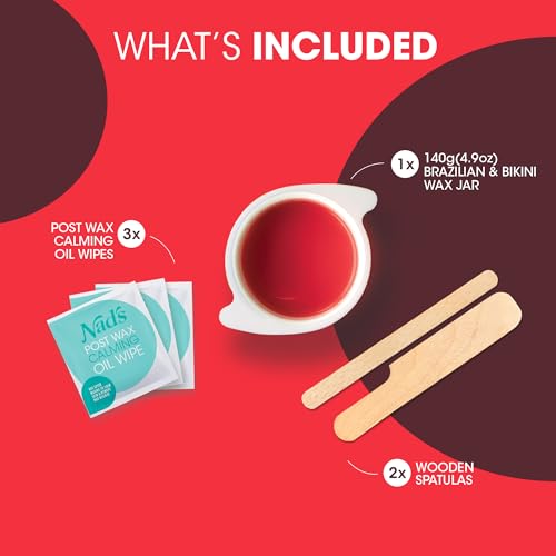 Nad's Brazilan & Bikini Wax Kit, Hair Removal For Women, Body Wax Specifically For Coarse Hair, At Home Waxing Kit With Hard Wax + Calming Oil Wipes + Wooden Spatula