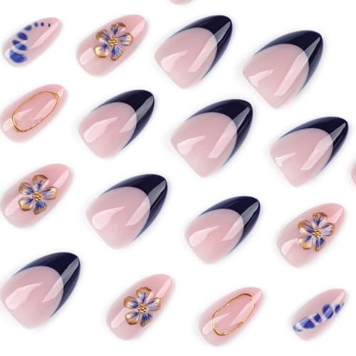 Medium Almond Blue French Tip Press-On Nails with 3D Flowers - 24 Pcs