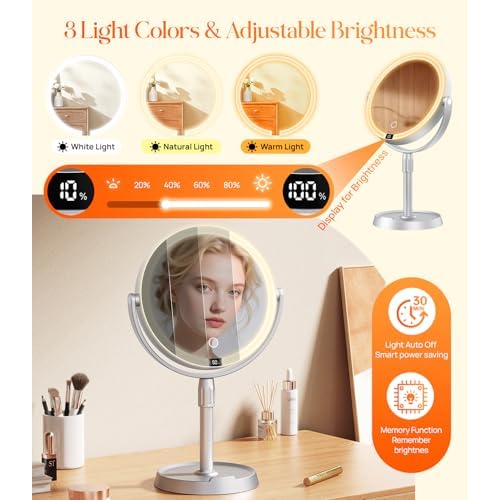 Gospire 8¡± Lighted Makeup Mirror with Lights and Magnification, 20X Magnifying Mirror with Light for Makeup Desk, Height Adjustable and Digital Display, Shaving Mirror for Bathroom, Gifts for Women