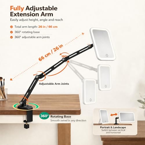 Ezcora Clip-On Makeup Mirror with Light & Extension Arm