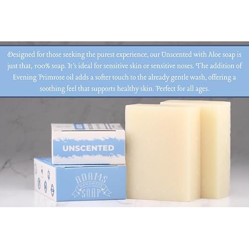 Adams Handmade Soap Unscented Pure Castile Bar Soap ? 4.5 oz | With Evening Primrose Oil | Vegan, Cold Process, 84% Organic, Fair Trade, No Fragrance, Sensitive Skin Safe, USA Made