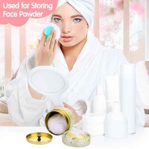 3 Pieces Body Powder Puff and Container, Baby Powder Container Floral Pattern with Large Fluffy Plush Puff Spoon, Baby Woman Loose Dusting Powder Tea Box for Home & Travel Use (Pink, Blue and Yellow)