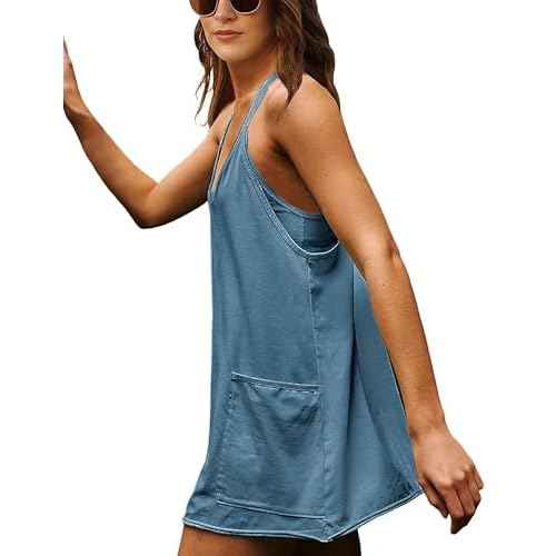 Lianlive Women Athletic Mini Dresses Built-in Shorts Set Summer Sleeveless Sundress Hot Shot Mini Dress