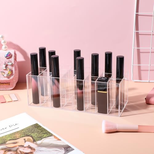 24-Slot Acrylic Lipstick Organizer - Transparent Makeup Storage Case for Lip Gloss Brushes and Cosmetics - Stylish Desktop Display Rack