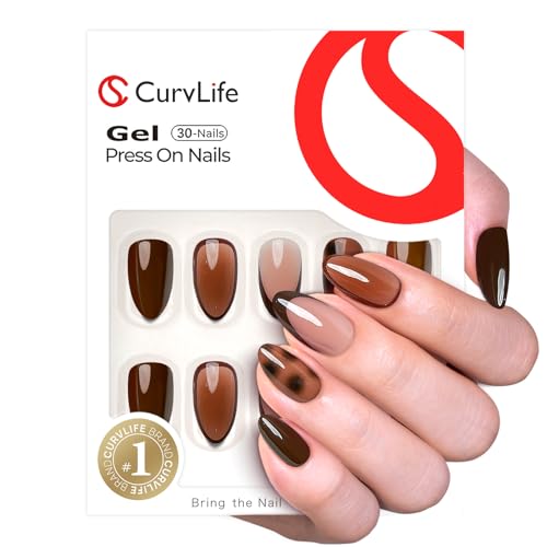 CurvLife Medium Almond French Tip Press On Nails – Tortoise Brown Soft Gel
