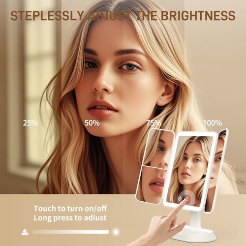 FRANO Rechargeable Trifold Makeup Mirror with 3X/5X Magnification & Dimmable LED Lights