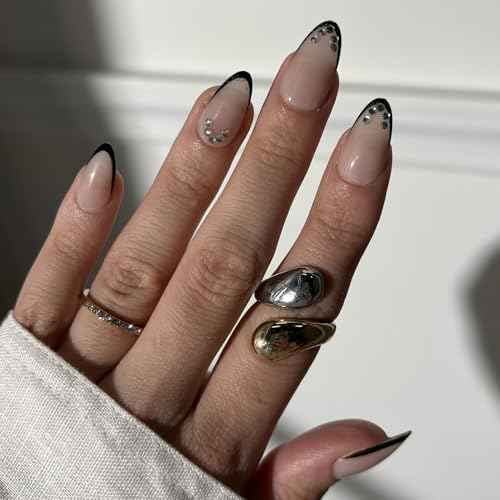 KISS Masterpiece French Tip Press On Nails, Black, Medium Almond, 12 Jeweled Accents, Glossy Finish Nail Kit Contains 30 Fake Nails, Pink Gel Nail Glue 2g (0.07 Oz.), Manicure Stick, & Mini Nail File