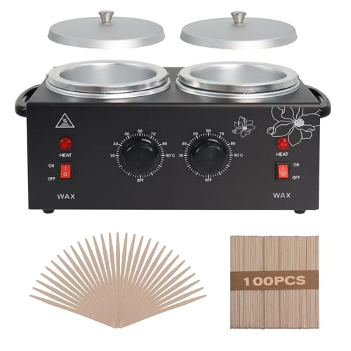 Wax Warmer Double Pot, Professional Electric Heater for Facial, Body, Spa, and Salon, 1.2L Dual Adjustable Temperature with 100 Wooden Craft Sticks, Hair Removal (Black)