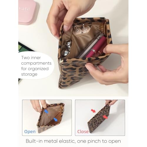2 Leopard Leather Small Makeup Pouches Set for Women,Cosmetic Accessories,Waterproof and Portable Cosmetic Bags,Self-closing,No Zipper, Aesthetic Storage Pouch,Lipstick for Purse, Brown