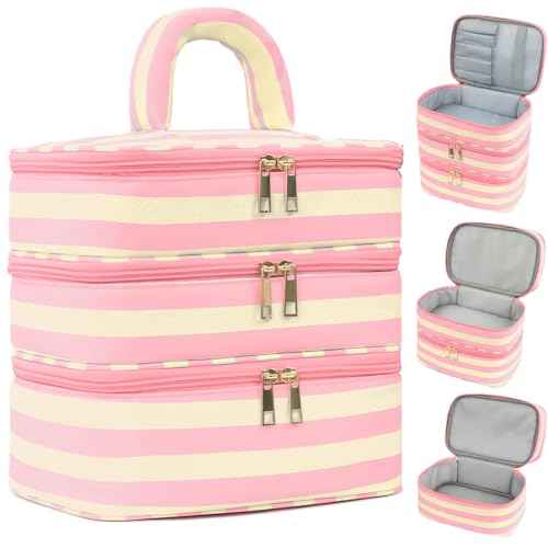 Three Layer Makeup Bag for Women Fashion Stripes Cosmetic Bag Preppy Style Travel Water-Resistant Toiletry Bag for Storage Toiletries Cosmetics Sets for Women Teen Girls Pink