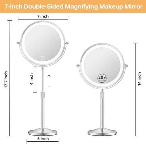 LED Makeup Mirror with 1X/20X Magnification, Adjustable Height