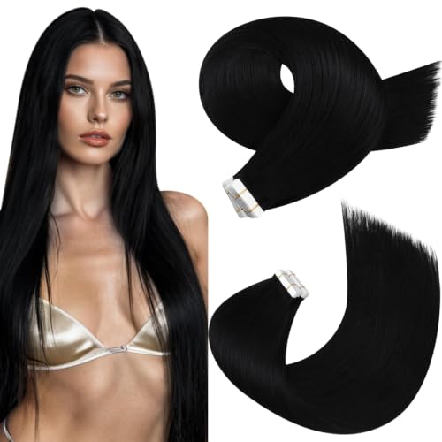 Moresoo Black Tape-in Human Hair Extensions 10 Inch 20 Pieces Seamless Weft