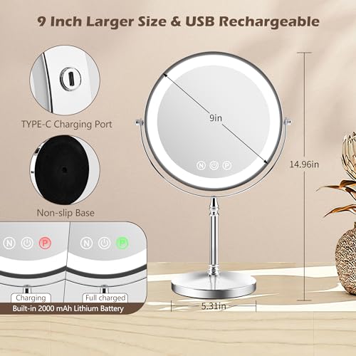 9" Large Lighted Makeup Mirror, 1X/10X Magnifying Makeup Mirror with 3 Colors Dimmable Lightning, 80 LED Lights, 360¡ÆRotation Double Sided Standing Vanity Mirror