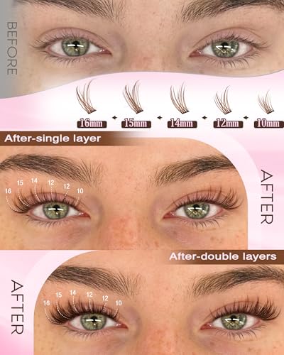 Goddvenus E-brown Clusters Natural Wispy Eyelash Extensions Kit 300Pcs Light Brown 10-16mm