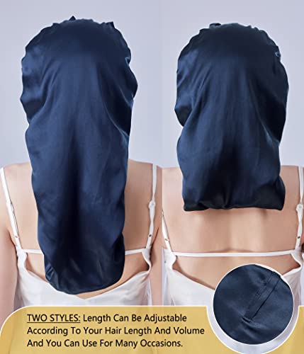 XL Blue Mulberry Silk Sleep Bonnet for Curly Hair - Non-Slip, Adjustable, Long Band